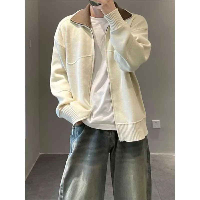 

American Color Blo Double Layer Stand Collar Open Cardigan Sweater Men's Neutral Sle Autumn Winter Trendy Lazy Knitted Ja...