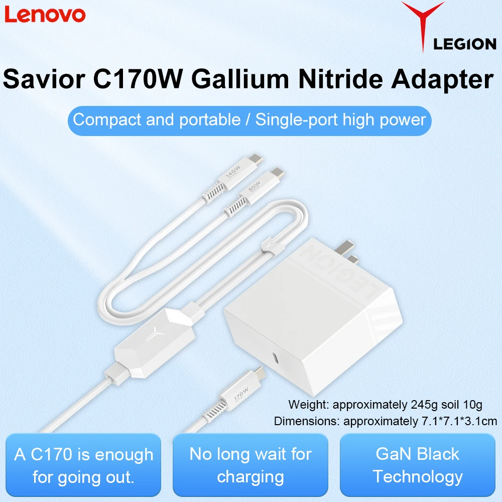Lenovo Legion C170W Gan Charger Cto2C Cable One to Two Y Splitter Usb-C Fast Charging 140W+30W for Laptops Phones