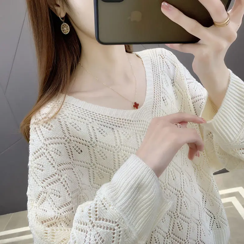 Women Bright New Hollow Out Sweater Women's Fashionable Loose Fit Large V-Neck with Thin Knit Underlay for Outer Wear Clothes