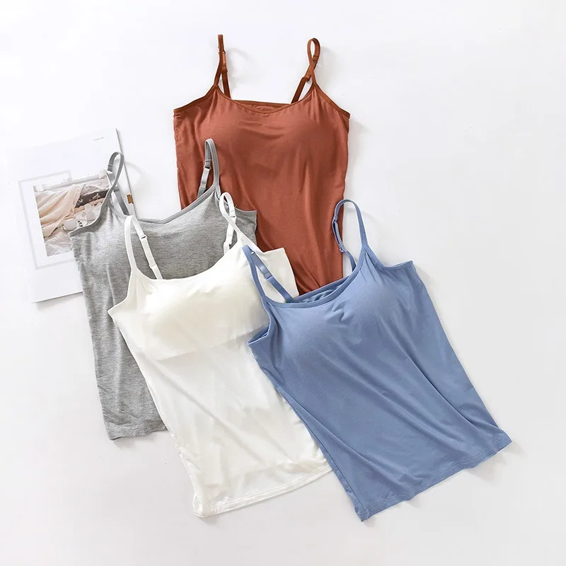 2024 NEW Women Padded Soft Casual Bra Tank Top Women Spaghetti Cami Top Vest Female Camisole With Built In Bra