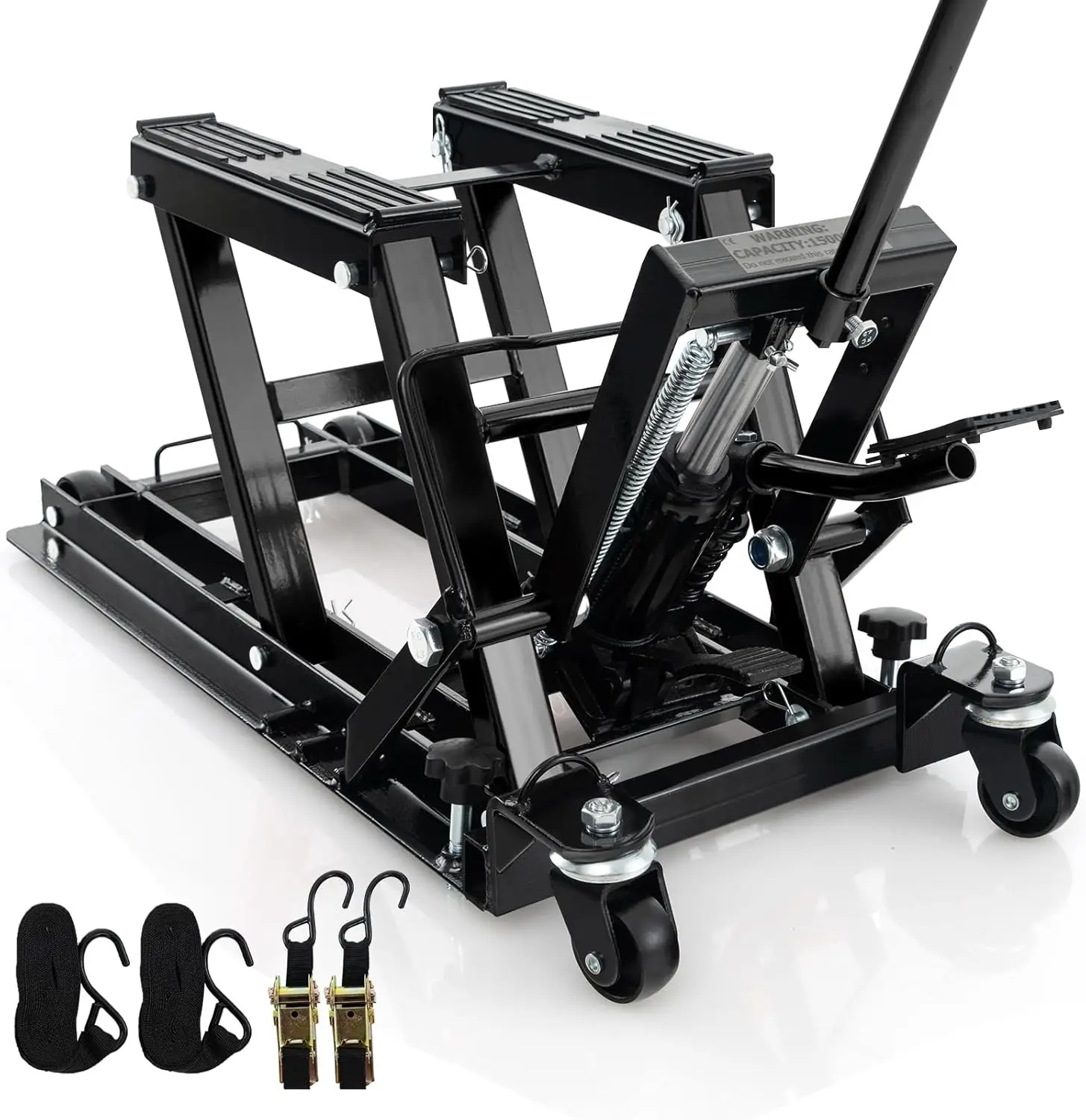 

Мотоциклетный подъемник 1500 фунтов Гидравлический ножничный домкрат для квадроциклов с подножками и длинной ручкой, 2 ремня с храповым механизмом, 4 колеса, диапазон подъема 4,7–15 дюймов