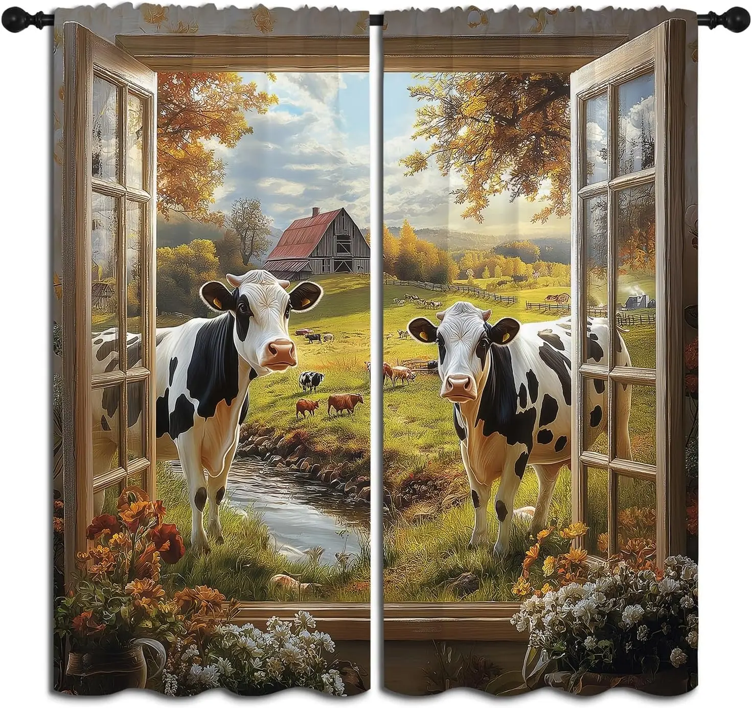 Rustic Farmhouse Cow Pastoral Curtain Window Drapes Cottage Scene Autumn Rural Living Room Decoration Realistic Window Covering