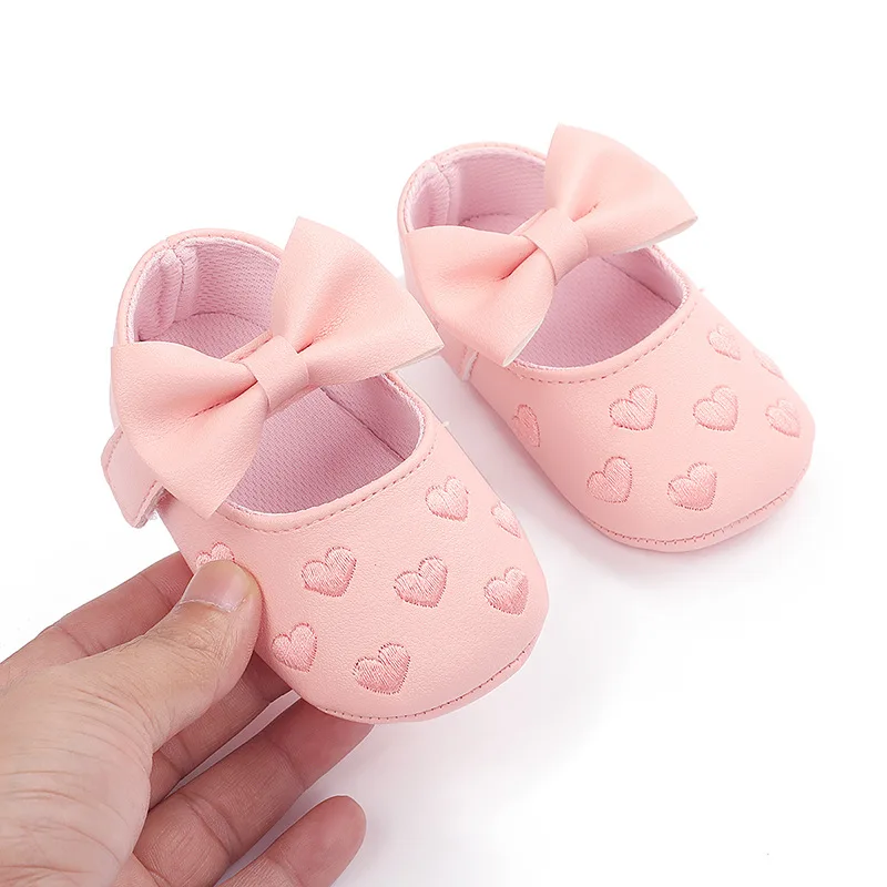 Zapatos clásicos para bebé, calzado antideslizante con lazo y corazón, suela suave, primeros pasos, 0 a 18 meses