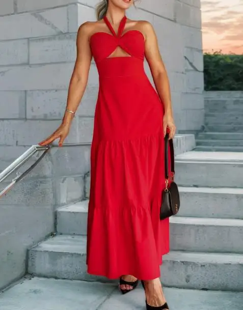 Novo estilo feminino saia evasê, 2025 vestido feminino moda primavera e verão sexy magro-encaixe sem alças halter saia em camadas