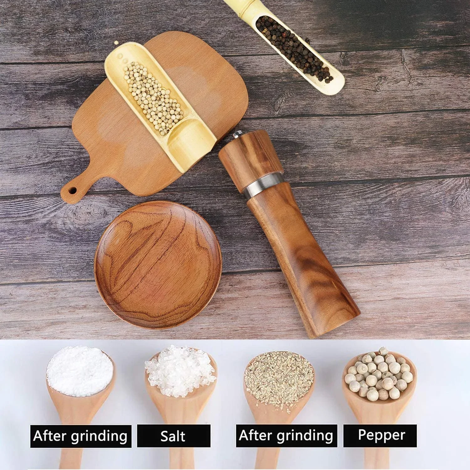 Conjunto de moinho de sal e pimenta de madeira de 8 polegadas Conjunto de moedor de sal e pimenta de madeira de acácia com núcleo cerâmico