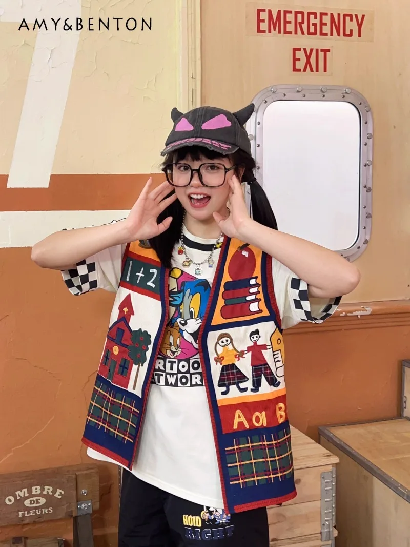 

2024 New Japanese Original Childlike Vintage Niche Retro Sticker Embroidery Loose Sleeveless Cardigan Vest For Women