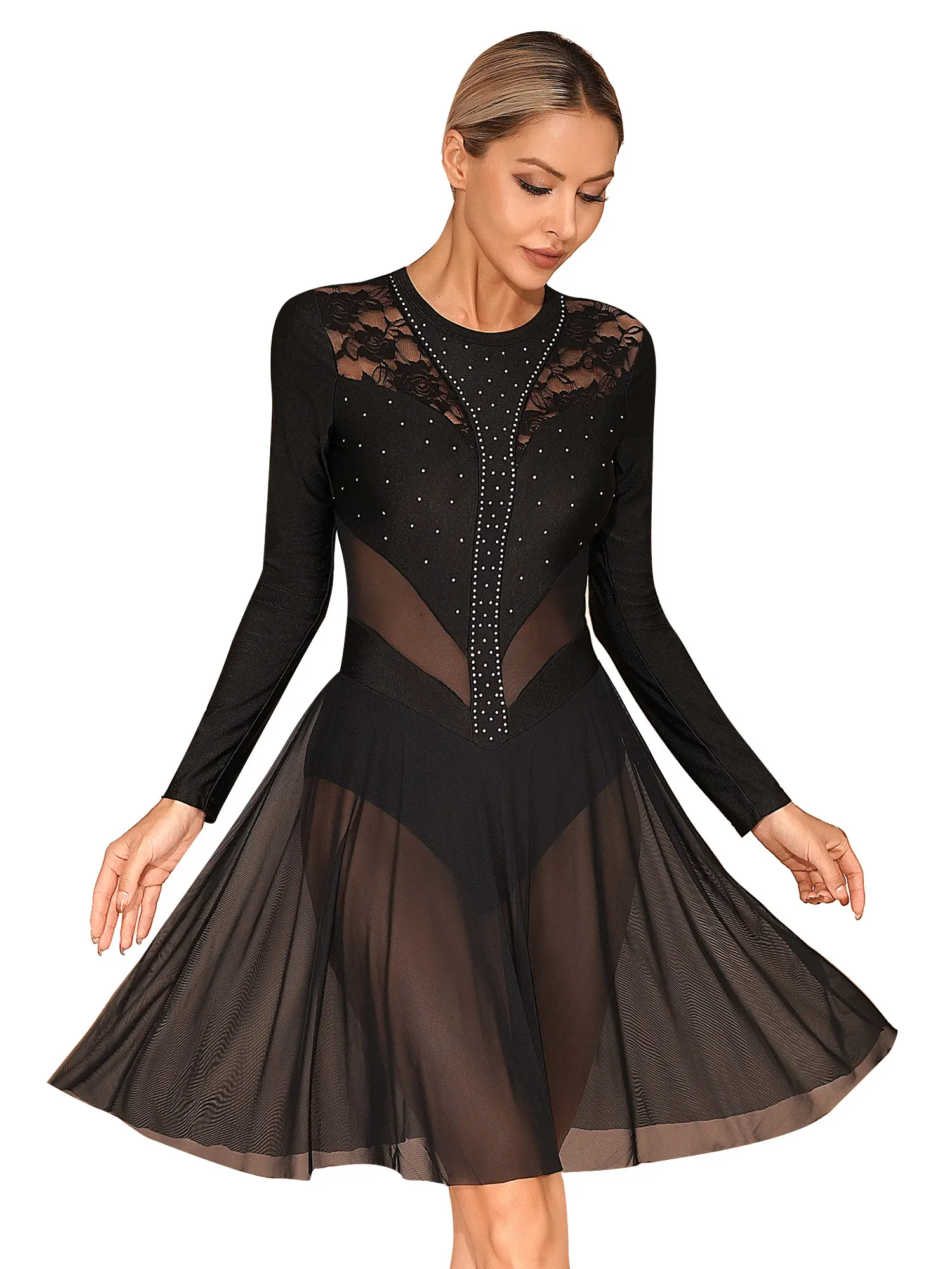 Women Rhinestone Figure Skating Dress Ballet Dance Leotard Long Sleeve Floral Sheer Mesh Ballroom Competition Dancewear Costume