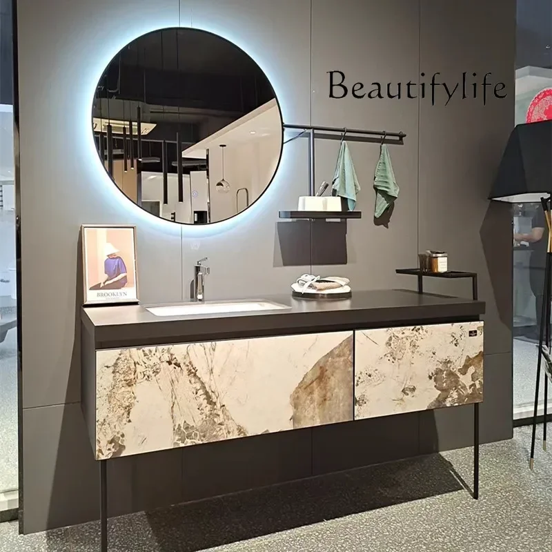 LZD M Italian High-end Bathroom Cabinet Light Luxury Solid Wood Imported Slate Intelligent Hand Washing Basin