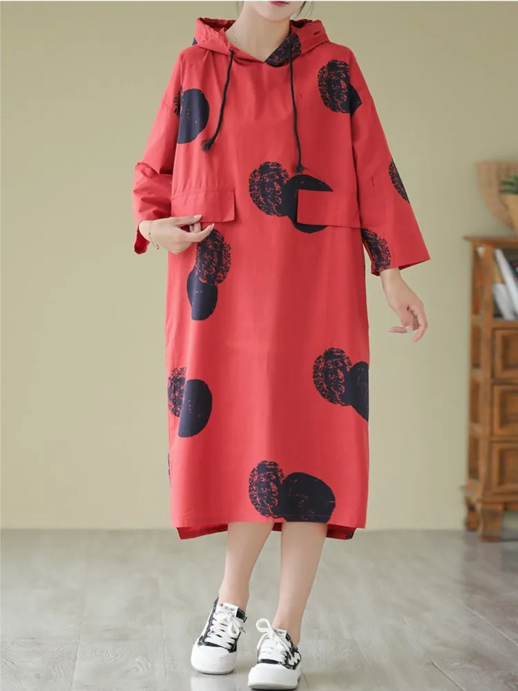 Oversized Autumn Hoodies Midi Dress Women Polka Dot Print Fashion Casual Loose Ladies Dresses Long Sleeve Woman Dress 2023