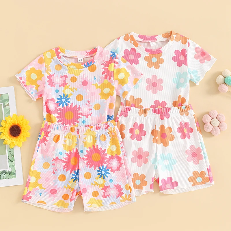 2024-03-19 Lioraitiin Toddler Girl Summer Outfit Flower Print Round Neck Short Sleeve T-Shirts Tops and Shorts 2Pcs Clothes Set