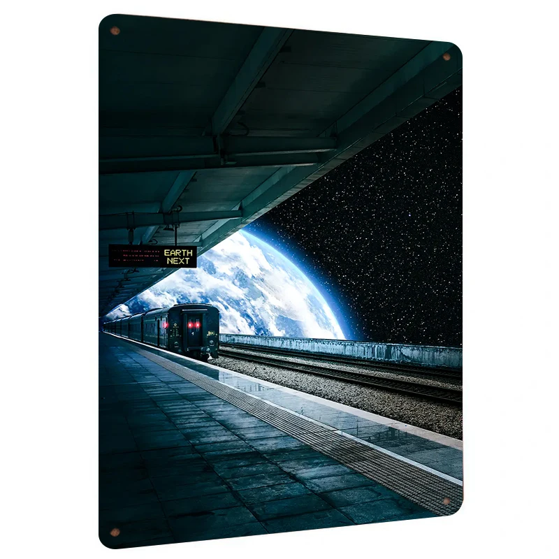 Interstellar Train Platform Metal Wall Art Creative Universe Earth Scenery Home Decor Hanging Painting