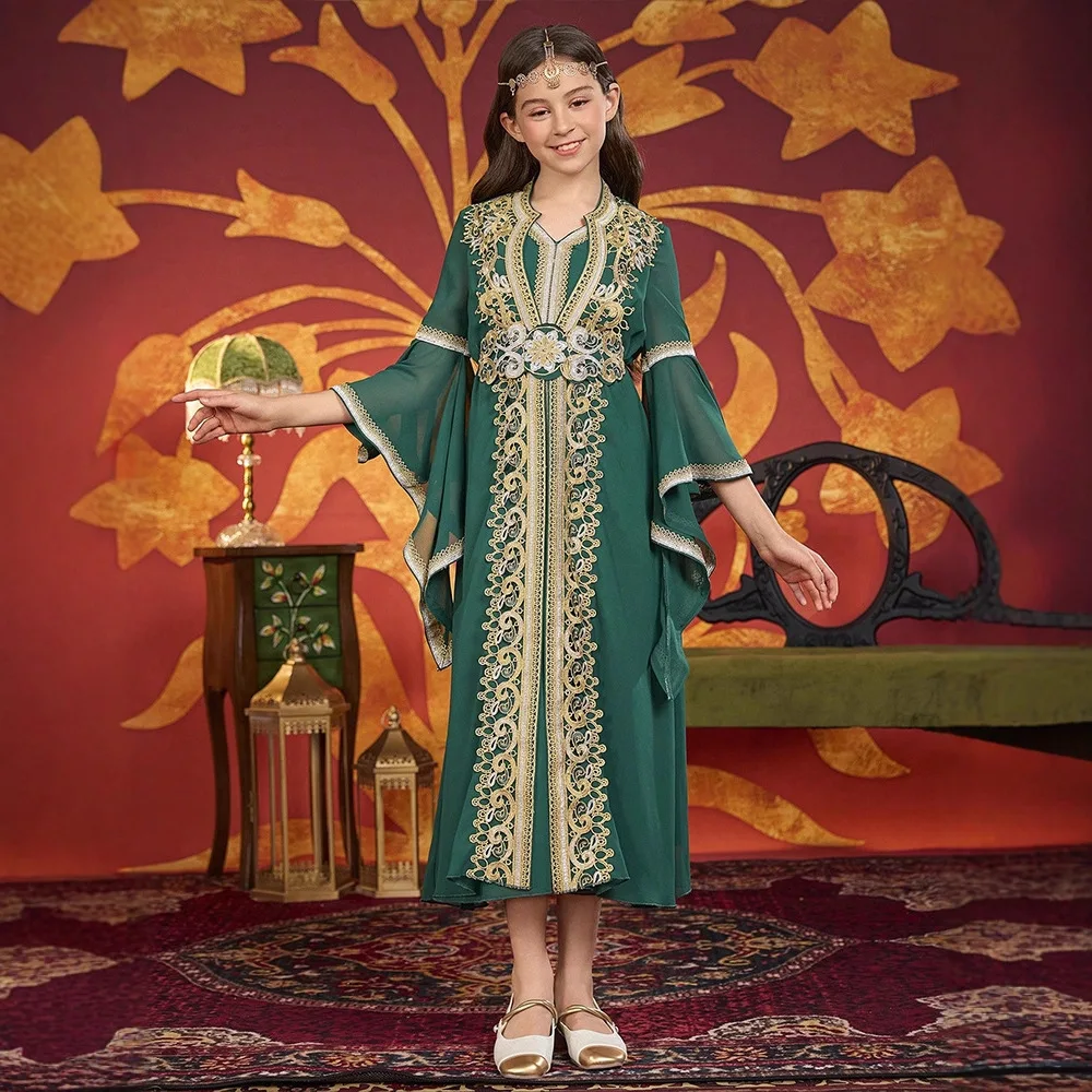 

Марокканское мусульманское детское шифоновое платье макси для девочек, халат с расклешенными рукавами, Рамадан Ид, исламская детская одежда, арабская Абая, Турция, кафтан