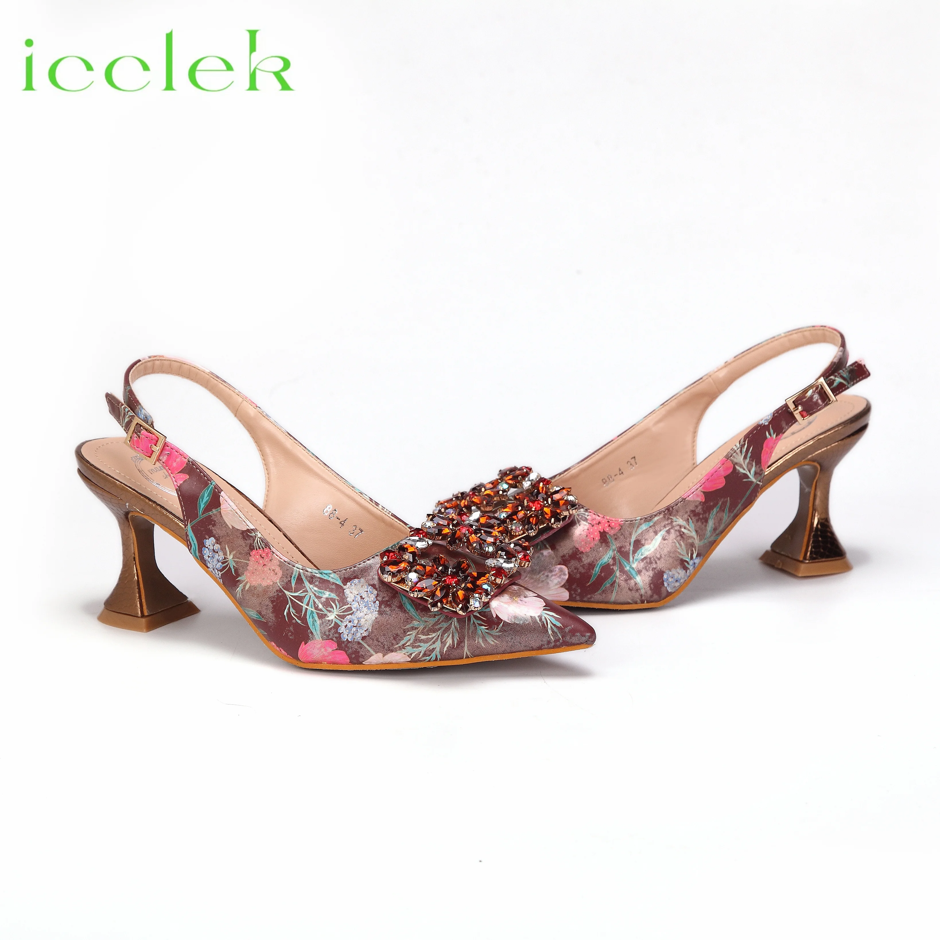 Women High Heels Sandals Printing Flower Material with Rhinestone Italian Design Coffee Color Pointed Toe Shoes and Bags Set