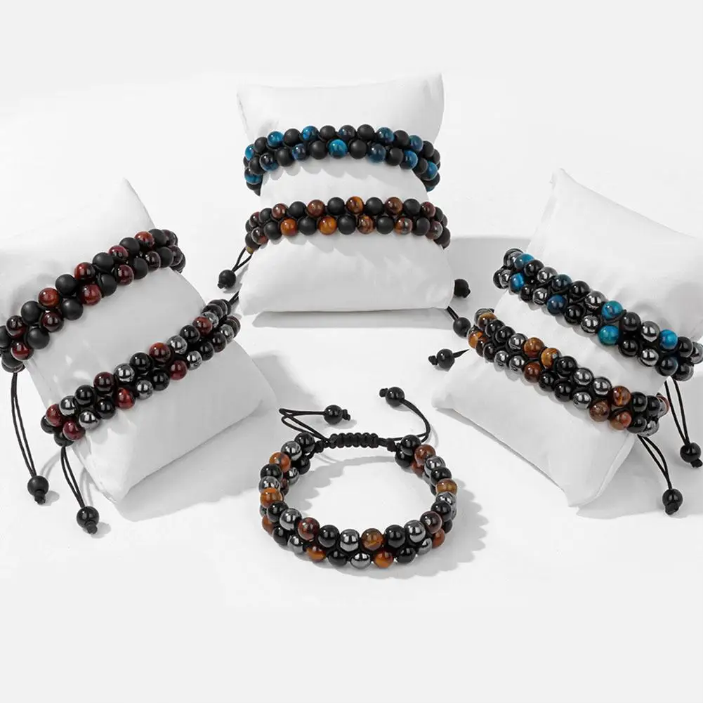 Gelang Perlindungan Tiga Baru 6Mm Manik-manik Mata Harimau Hitam Obsidian Hematit Gelang untuk Pria Wanita Gelang Pemberani Hombre S6S0