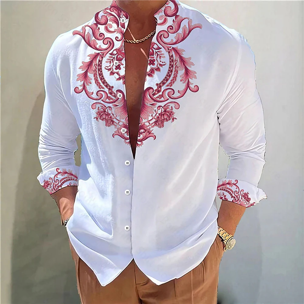 Camisa De hombre con estampado Floral 3D HD, cuello levantado, rosa dorada, camisa De manga larga para exteriores, ropa musulmana para hombres, ropa De Homem