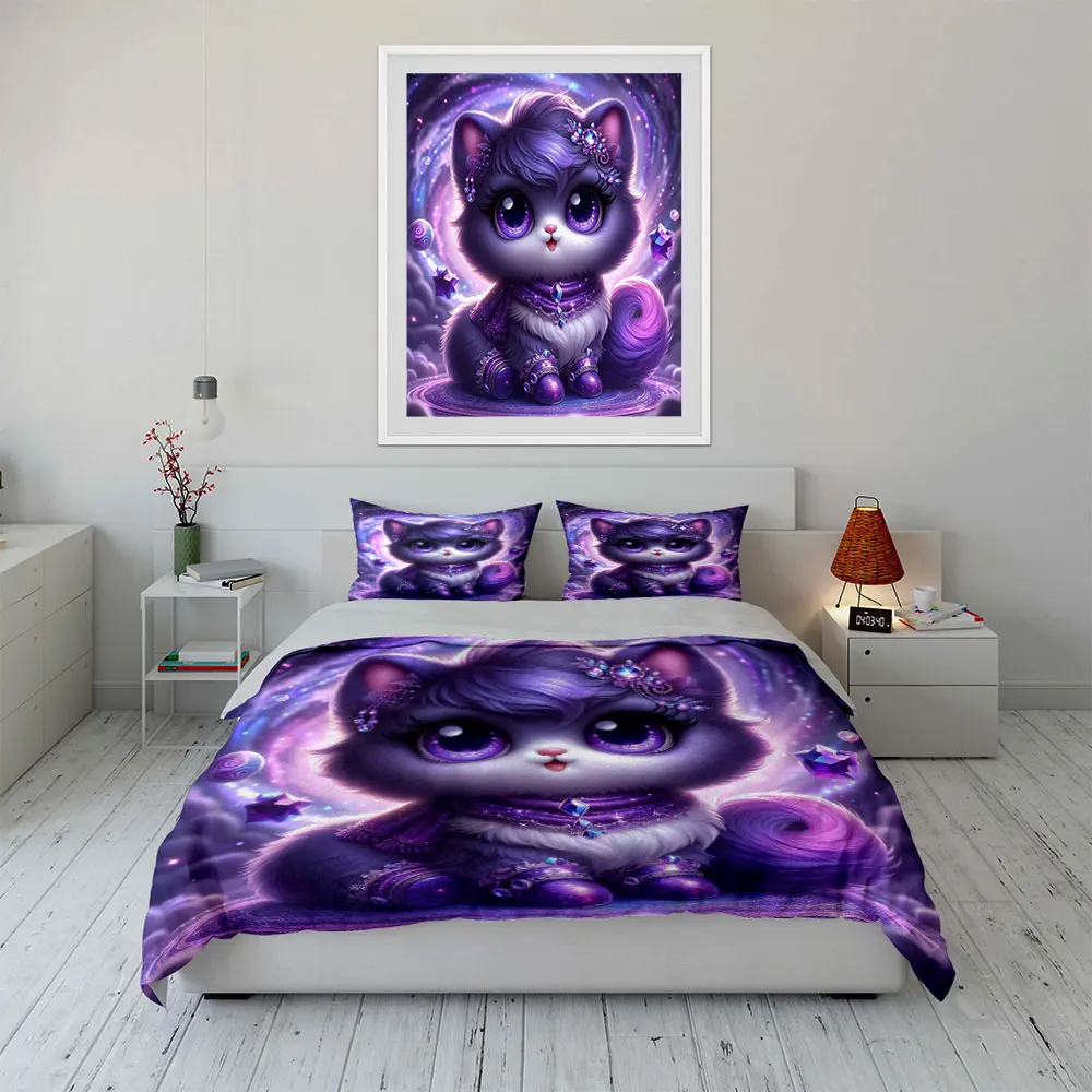 Purple cosmic pet with floating gems Duvet Cover Set with 3D Printing Design Soft Polyester Bedding Set All-Season Comfort