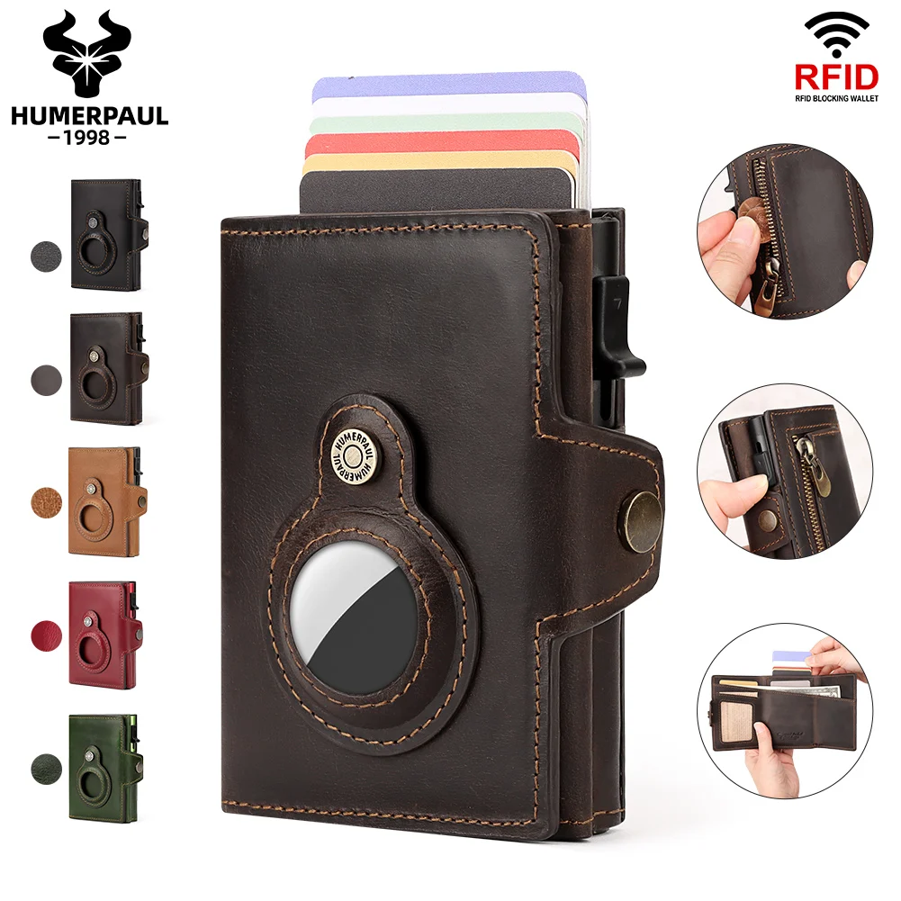 HUMERPAUL AirTag Holder Wallet RFID Cowhide Leather Men Card Holder Wallets Multi-function Antimagnetic Card Purse for Women