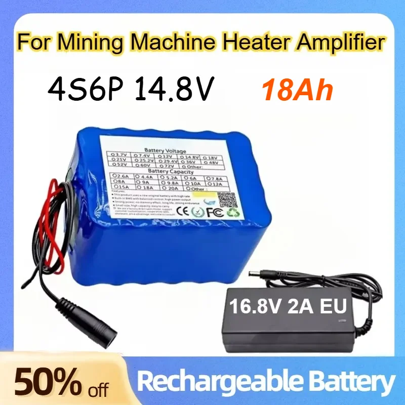 

4S6P 14.8V 18Ah 18650 Li-Ion Battery for Fishing Light Heater Mining Machine Amplifier Rechargeable Batteries+16.8V2A EU Charger