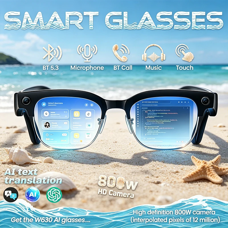 Gafas Inteligentes 2026 con Cámara de 800W Píxeles, Grabación de Video, Reconocimiento de Fotos por IA, Llamadas Bluetooth, Traducción de Voz