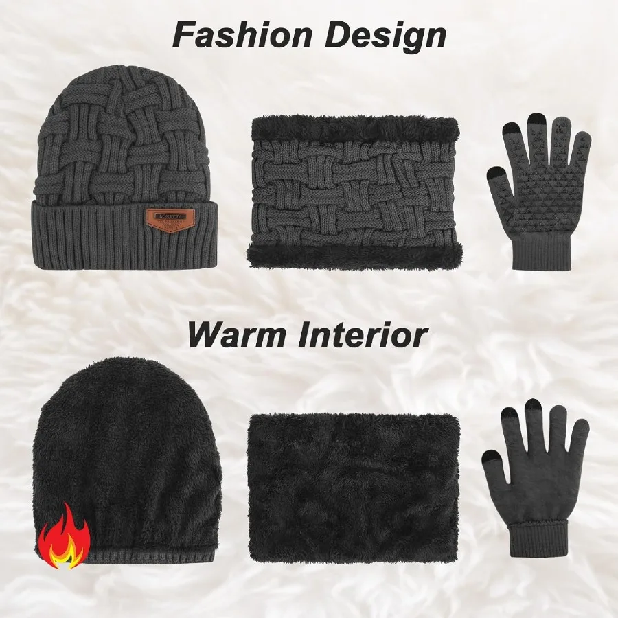 3Pieces Winter Beanie Hat Scarf and Touch Screen Gloves Set for Men Women: Warm Knit Skull Cap with Seamless TouchscreenCompati