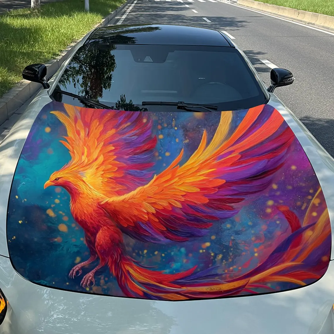 Phoenix Pattern Car Hood Decal-Scratch Resistant, Weather Resistant PVC, Easy To Stick, Adding Bold Design To Your Car Appearanc