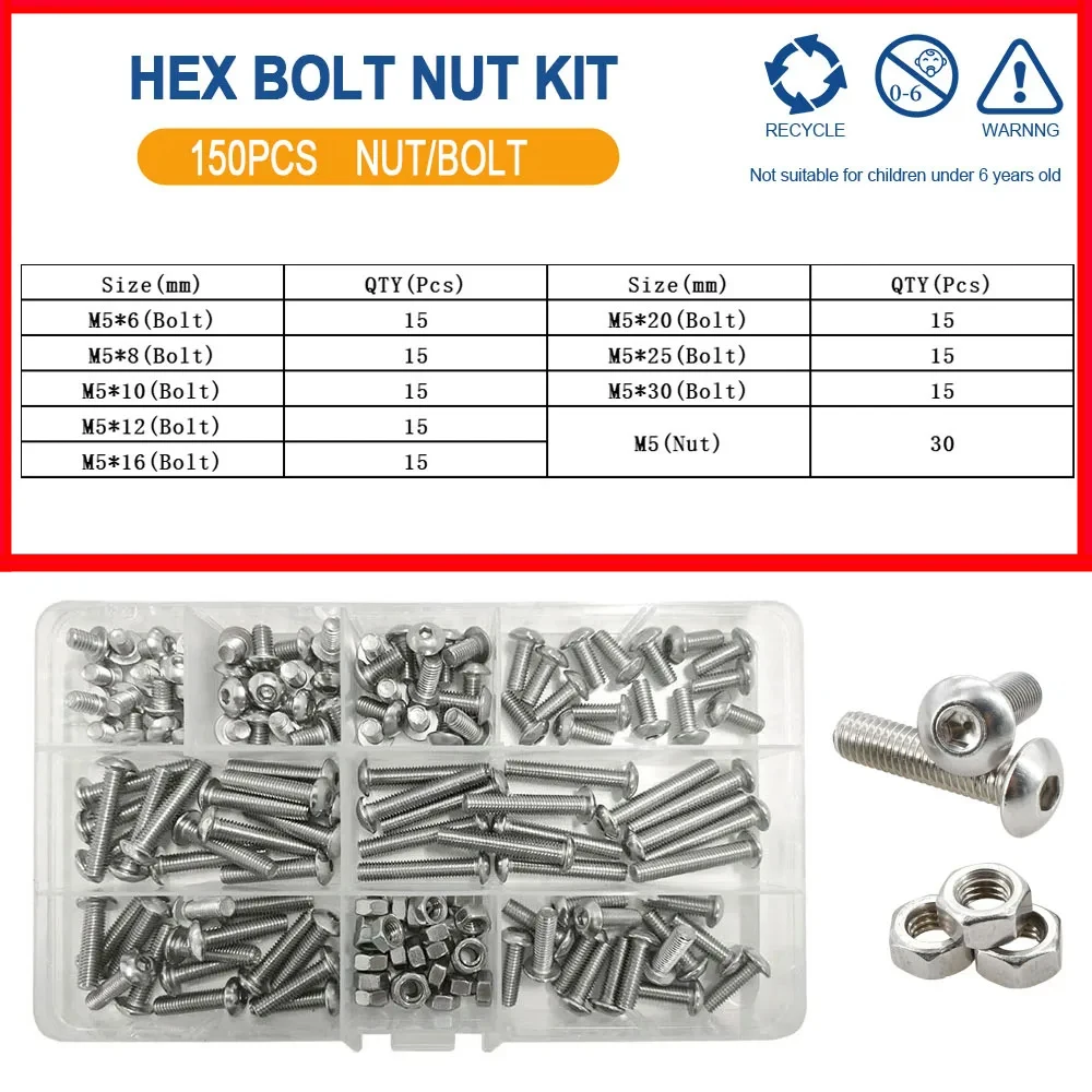 M2 M3 M4 M5 M6 Allen Sechskantmutter Bolzensatz 304 Edelstahl Sechskantschraube Muttern Set Knopf Rundkopf Maschinenschrauben Muttern Kit – Detail 11