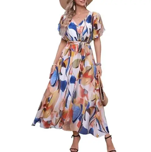 

Women's V-neck Bohemian floral A-line elegant casual petal sleeve waist belt dress