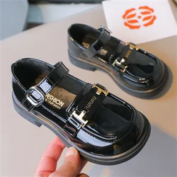 Girls' British Style Metal Buckle Anti Slip Round Toe Leather Shoes, 2024 Summer New Daily Outdoor PU Girls' Leather Shoes