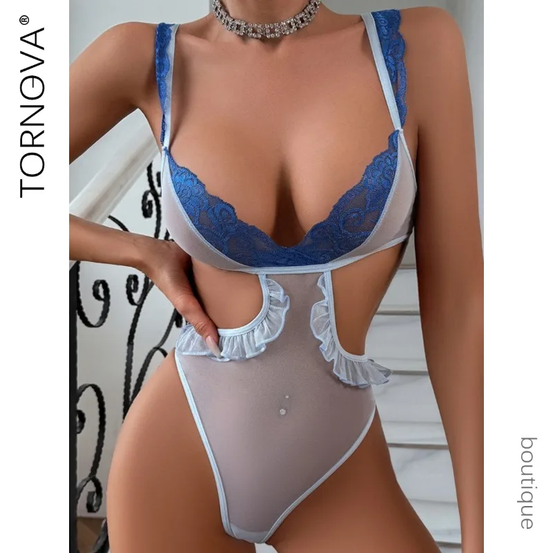 

Tornova Sexy Lingerie Onesie with Contrasting Suspender Underwear Fashionable Lace Mesh Joints Waist-Exposed Jumpsuit for Women