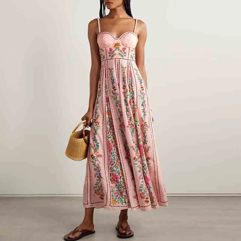 Robes Vintage femme plage vacances sans manches robe longue Boho femmes perle Patchwork a-ligne imprimé fleuri robe de soirée 2025