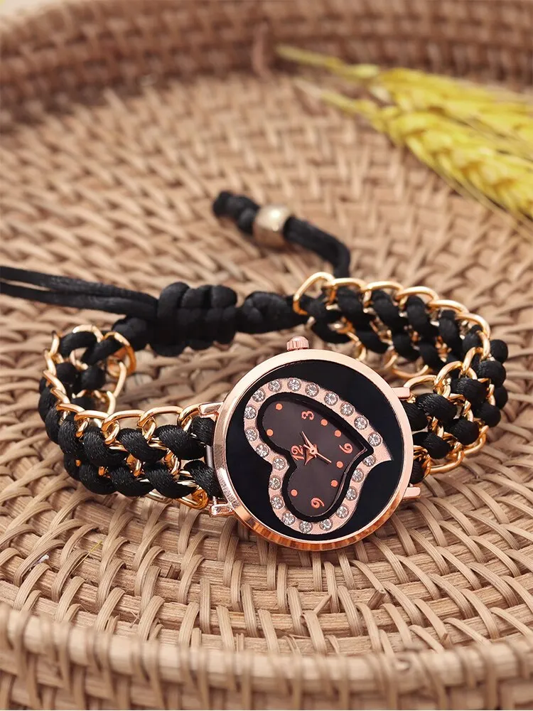 3PCs Women\'s Love Diamond Knitted Bracelet Quartz Watch+Diamond Bracelet Combination Set