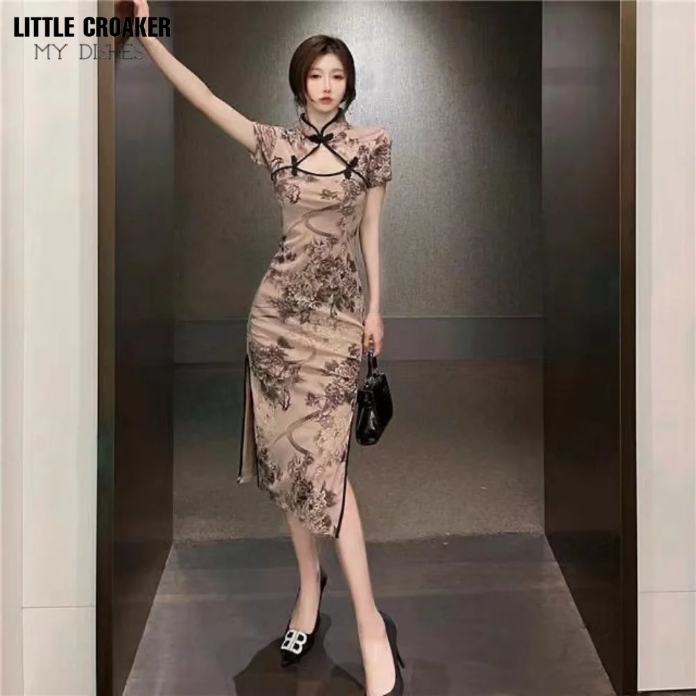 Women Retro Style Short Sleeve Qipao Printed Sexy Hollow Out Split Long Dress Etching Bone Young Style Improved Cheongsam Dress