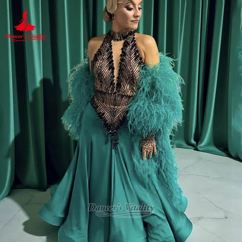 Viennese Waltz Feather Style Graceful Wrapped Hip Dresses Customized Dancer's Vitality Adult Social Dance Professional Clothing