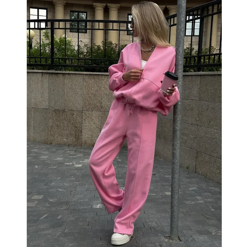 Women Tracksuit 2 Pieces Set Autumn Slim Suit O Neck Long Sleeves Zipper Coat Drawstring Sport Pants Lady Home Trousers Outfits