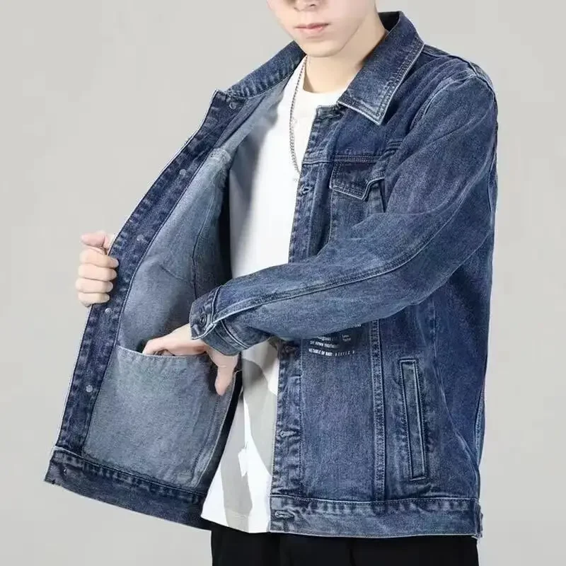 

Denim Jackets Man Gray Jeans Coat for Men Wide Shoulders with Print Cargo Original Outwear Designer Loose of Fabric G Joker Y2k