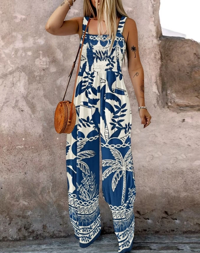 

New Fashion 2025 Summer Casual Sexy Tropical Print Square Neck Thick Strap Shirred Jumpsuit Wide Leg Overalls with Pockets