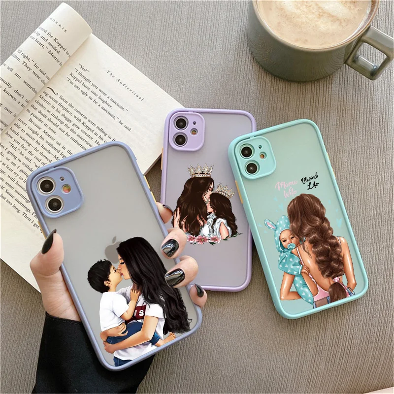 Super Mom Baby Girl Son Shockproof Phone Case For iPhone 7 8 Plus SE 2020 15 14 13 12 11 Pro Max Mini X XS XR Cartoon Back Cover