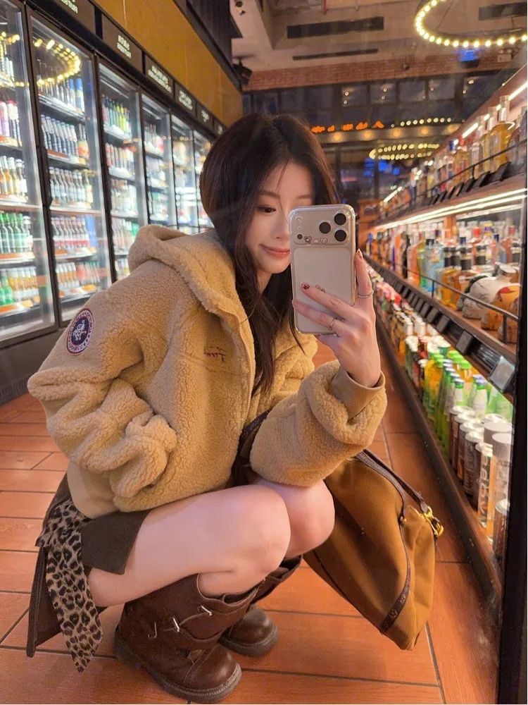 Damska zimowa ciepła kurtka z kapturem na zamek błyskawiczny, z białego aksamitu jagnięcego, uniwersalna, przeciwstarzeniowa, codzienna, do pracy.