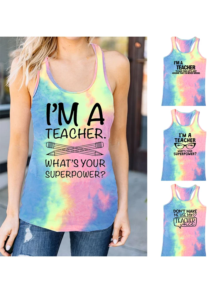 

What's Your Superpower Women Tie Dye Tanks Tops Teach Love Inspire Summer Graphic Streetwear Camis Best Teacher Life Gift Mujer