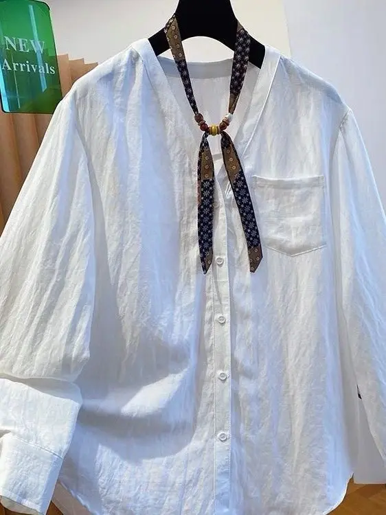 plus Size Women's Linen Shirt Spring Summer Thin Loose V-Neck Long Sleeve Sun Protection Small Shirt Comfortable Casual Wear