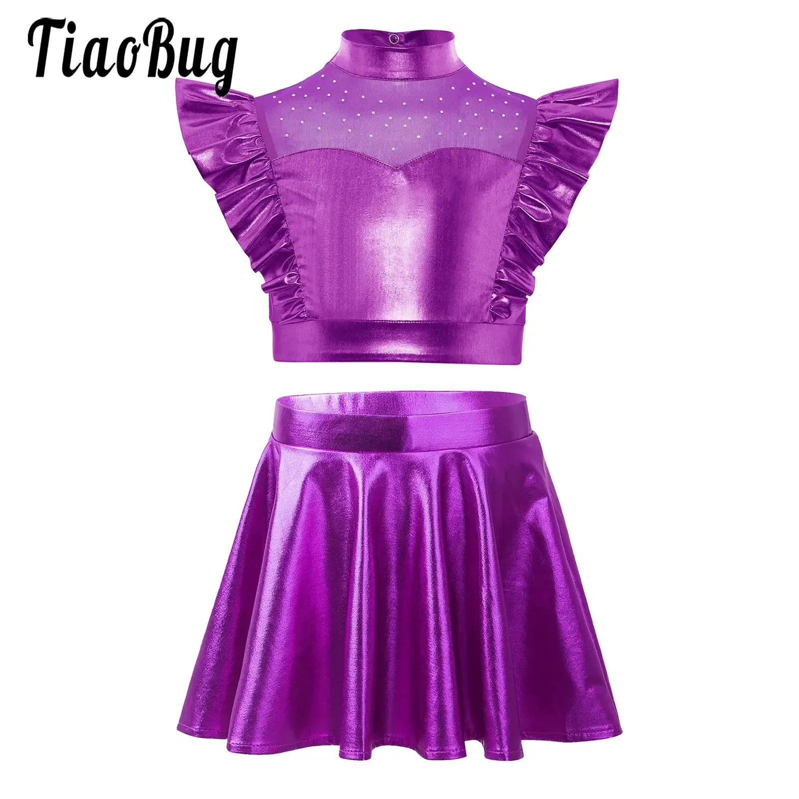 

Детский комплект для выступлений в стиле джаз-ча-ча для девочек: топ без рукавов из прозрачной сетки с вставками и расклешенная юбка