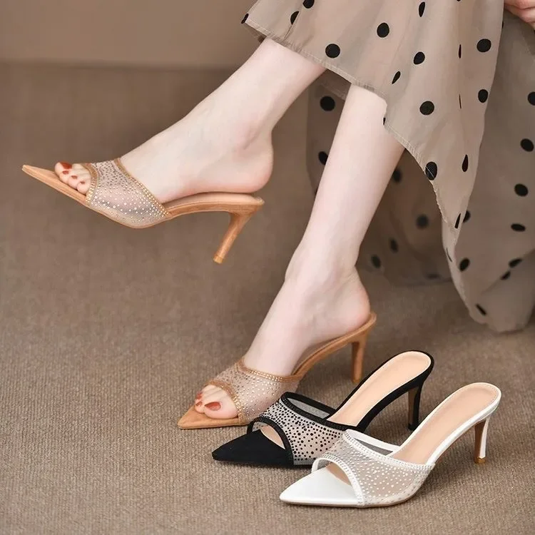 French Small Pointed Head Rhine-drill Net Flip-flops Women Fine with Nude Elegant Sexy Thousand Gold Style High Heels Sandals