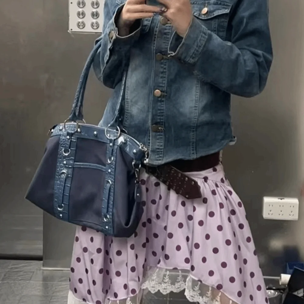 New Y2K Patchwork Shoulder Bag Riveted Design Large Capacity Handbags Underarm Bag Women Casual Wear