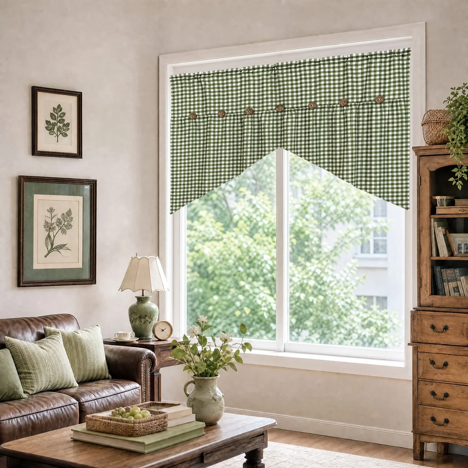 1PC Pastoral Green Lattice Short Curtain, Buttons Decoration, for Kitchen, Small Window, Cafe, Door Home Decor Blinds