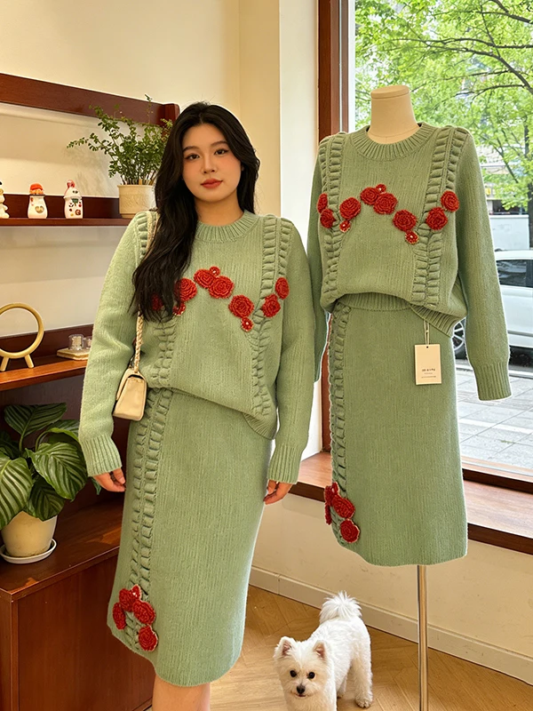 

Ladies Large Size Lazy Style Blue Green Set Dress Spring New Flower Knitted Two Piece Set Top Half Skirt Fashionable Ensemble