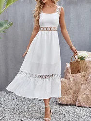 White Long Dress Women Summer Sexy Sleeveless Backless Maxi Dresses Ladies Elegant Hollow Out Lace Dress Boho Sundress Vestidos