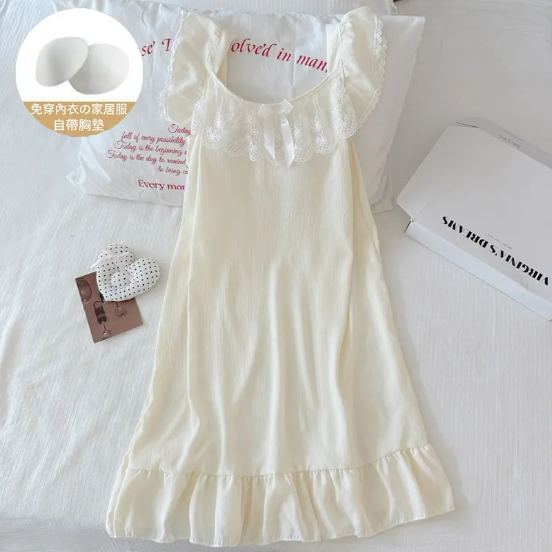 New Women Summer Sleeveless Nightgown Chest Pads Girl Lace Casual Homewear Student Wearable At Home Ladies Casual Sleepwear Lady - view 5