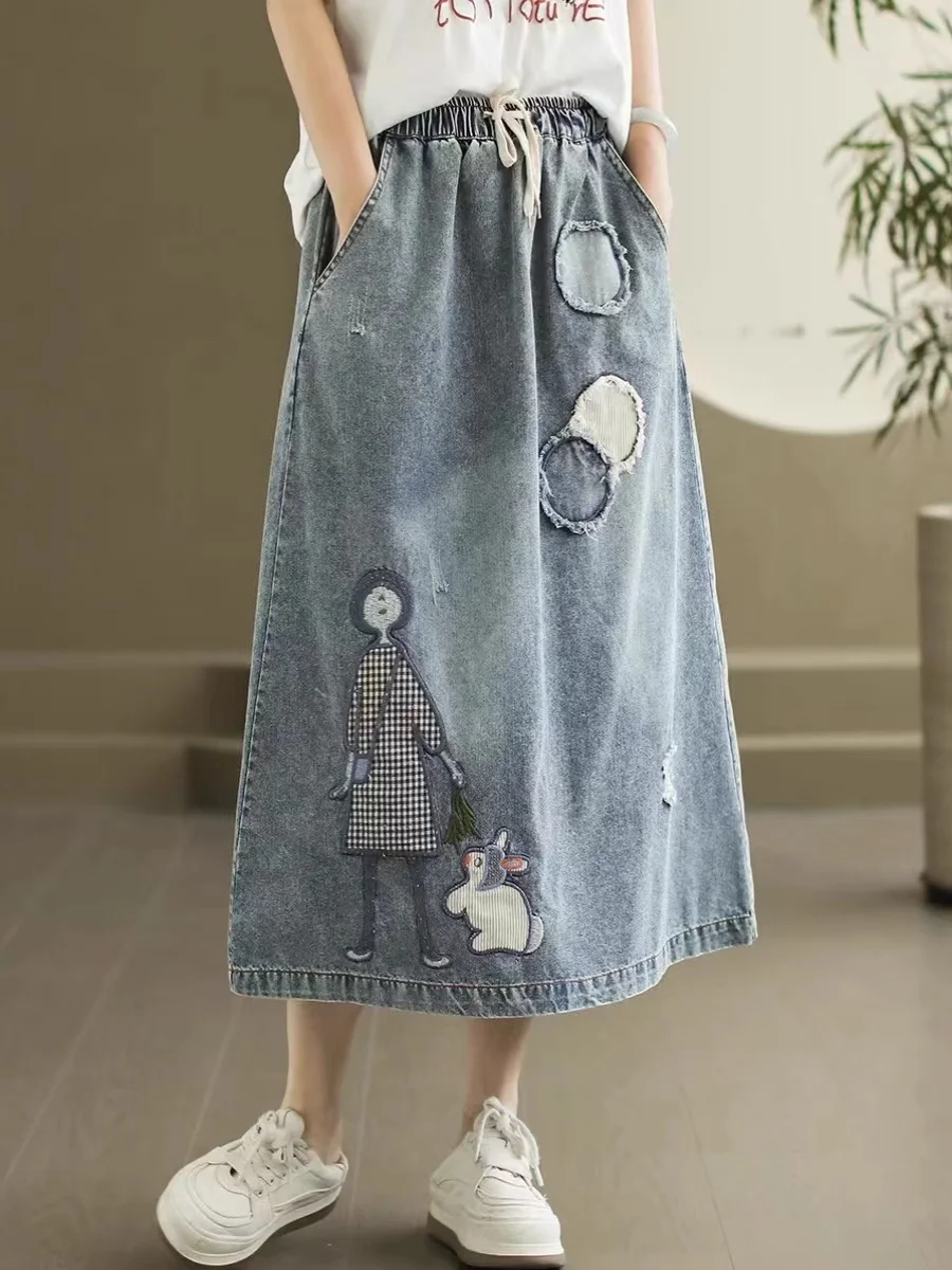 

Cotton Patchwork Denim Skirt Elastic Waist A-Line Midi Skirt Cartoon Embroidery High Waist Summer 2024 Women's Faion