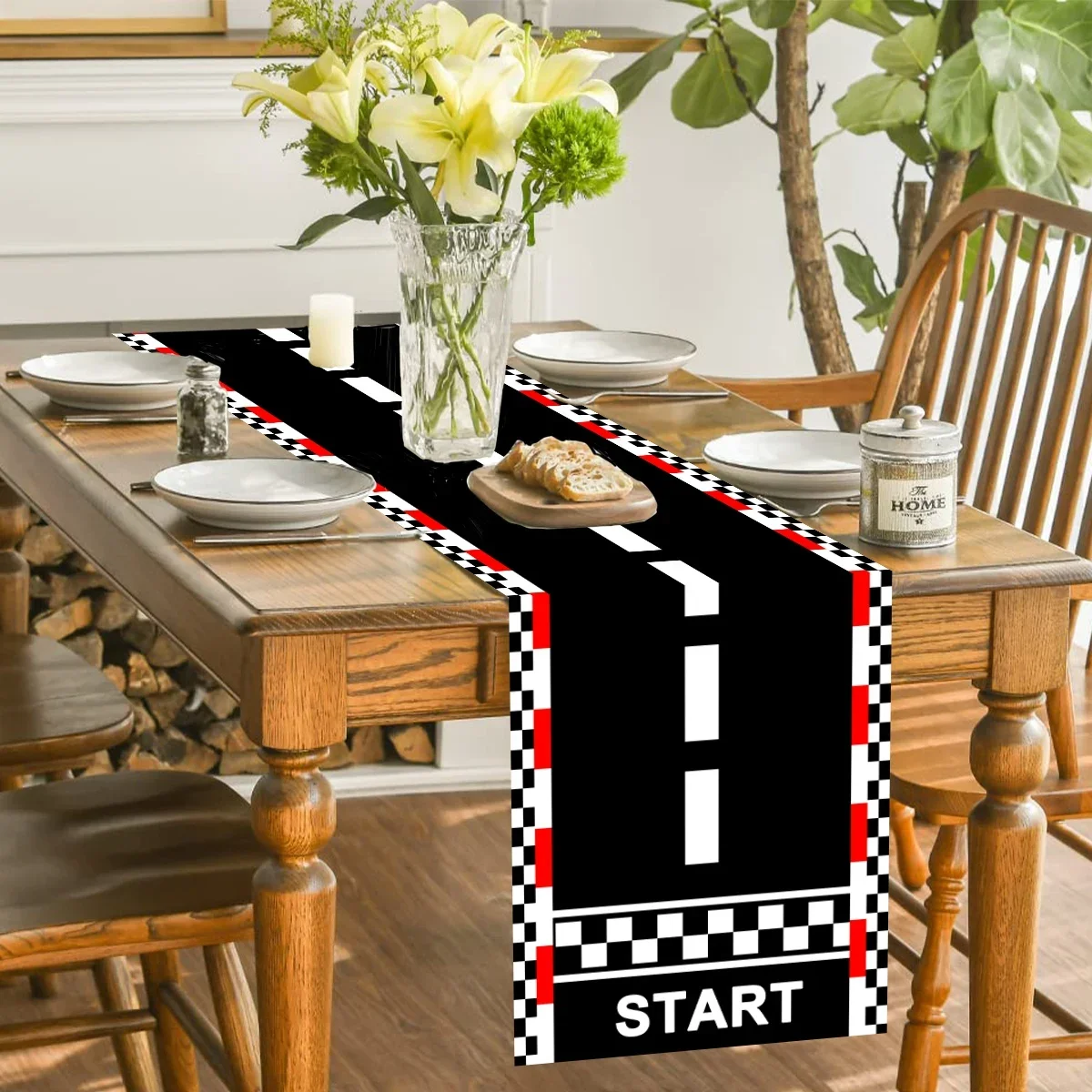 Racing Track START Table Runner, Checkered Border Road Printed Fabric Table Scarf, Car Theme Centerpiece For Boys Birthday Party