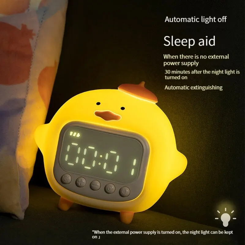 LED Time Display Night Light Cute Duckling Wake Up Volume Adjustable Alarm Clock Room Decorative Rechargeable Lamp Children Gift